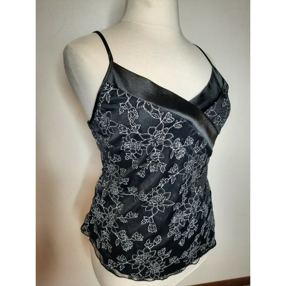 Vtg 90's  Black Satin Chiffon Floral Tank Large - Picture 3 of 11